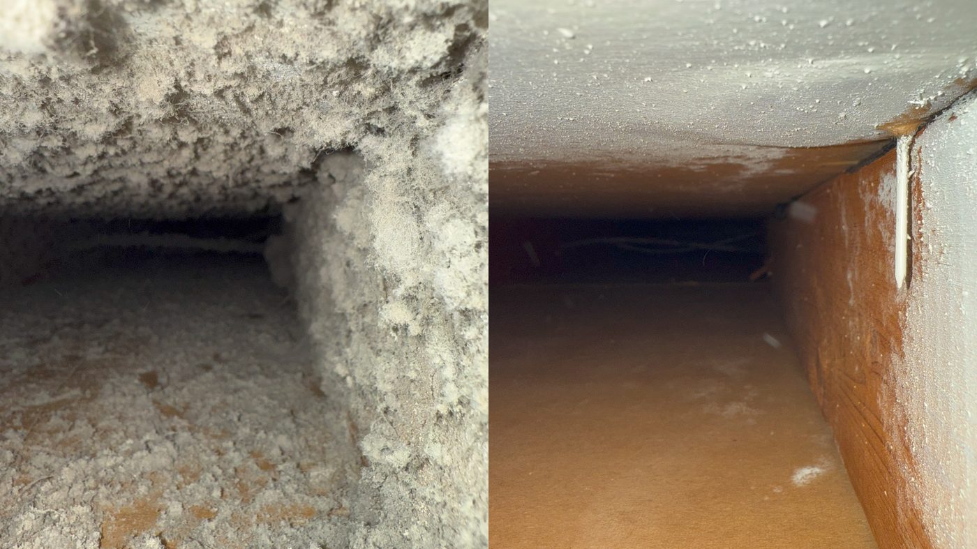 Panned duct run before and after cleaning, caked dust cleared from the joists