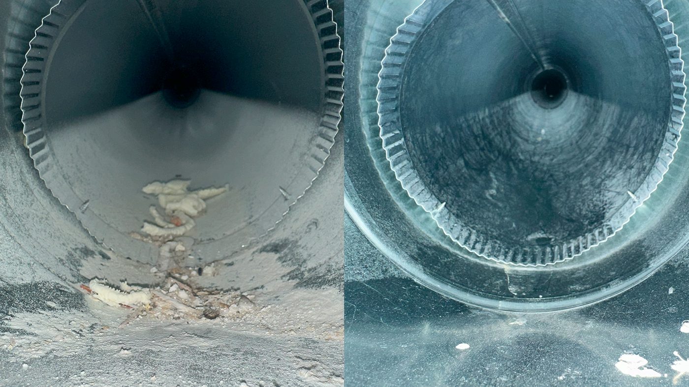 Round duct before and after cleaning, foam chunks and debris removed