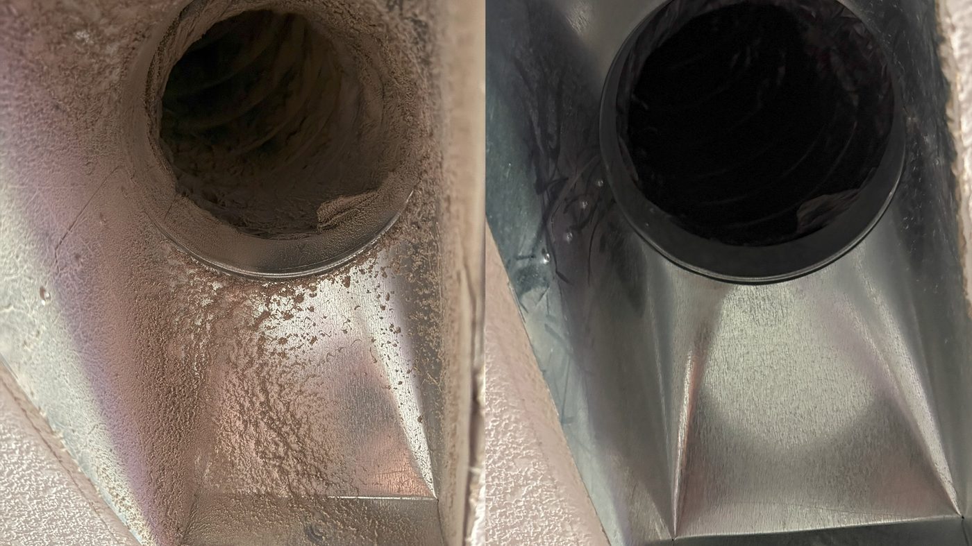 Supply boot before and after cleaning, caked dust to clean metal