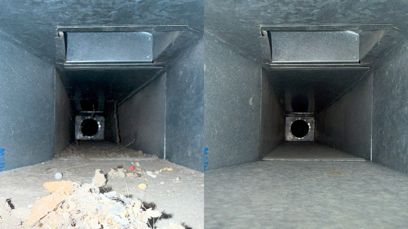 Return trunk line before and after Duct Daddy cleaning, construction debris removed down to bare metal