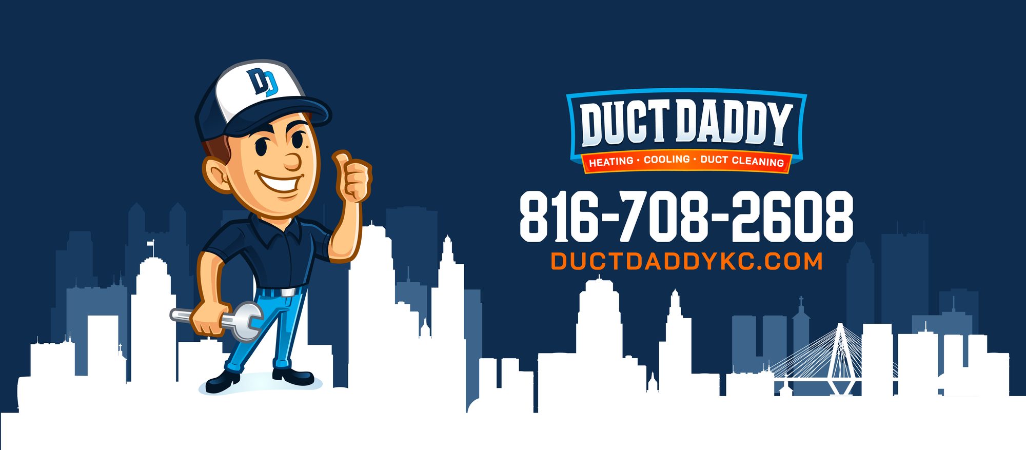 Duct Daddy mascot with the Kansas City skyline — call 816-708-2608 or visit ductdaddykc.com