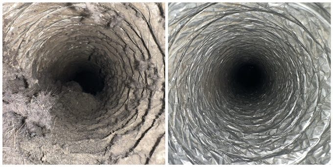 Dryer vent line before and after cleaning: packed with lint on the left, clean bare metal on the right