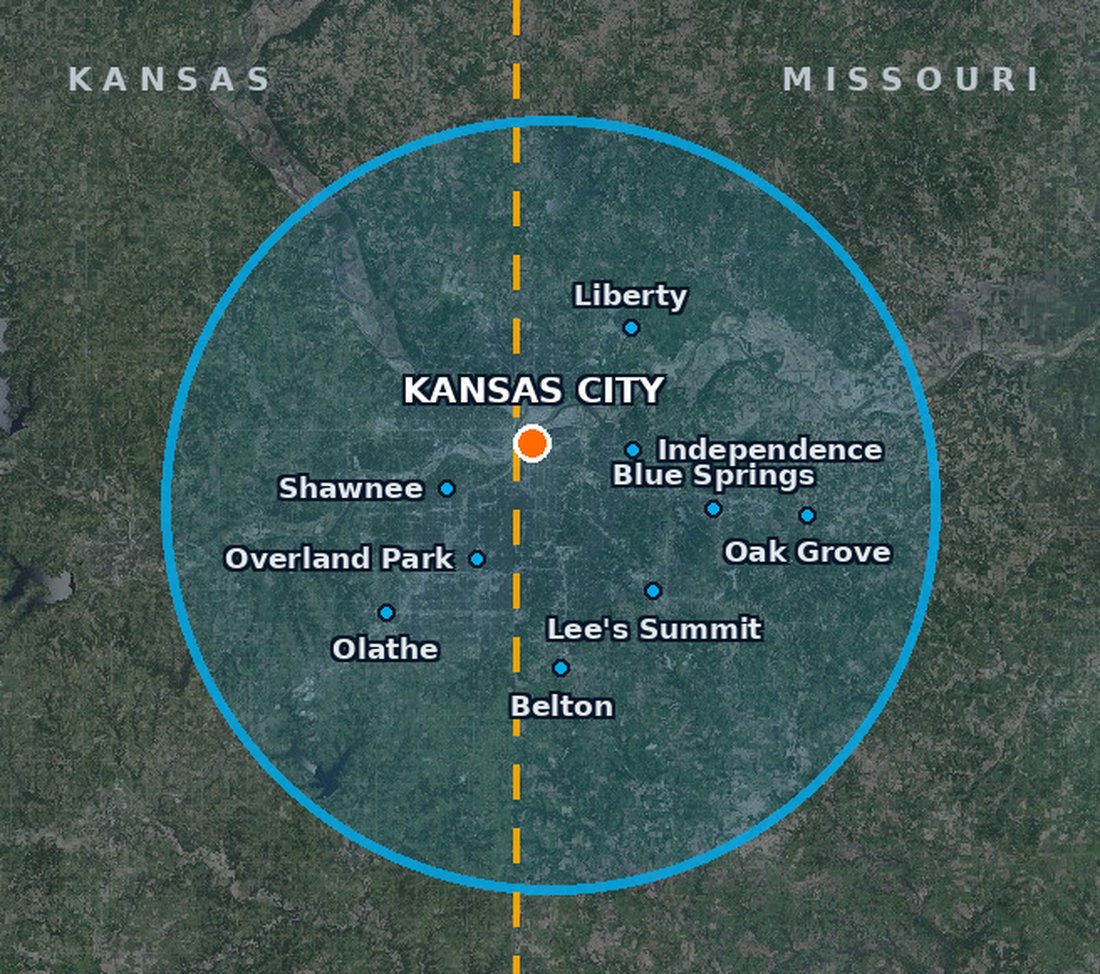 Aerial view of the Kansas City metro with the Kansas–Missouri state line, Duct Daddy HQ in Oak Grove, and the service-radius circle